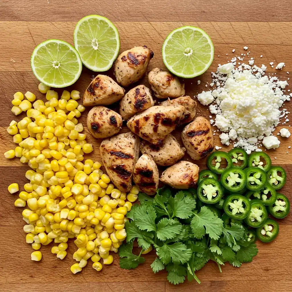Street Corn Chicken Salad Recipe That’s Bold, Easy & Irresistible 4 Ingredients for Street Corn Chicken Salad on Wooden Board