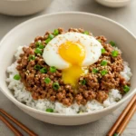 Ground Wagyu beef served in donburi rice bowl
