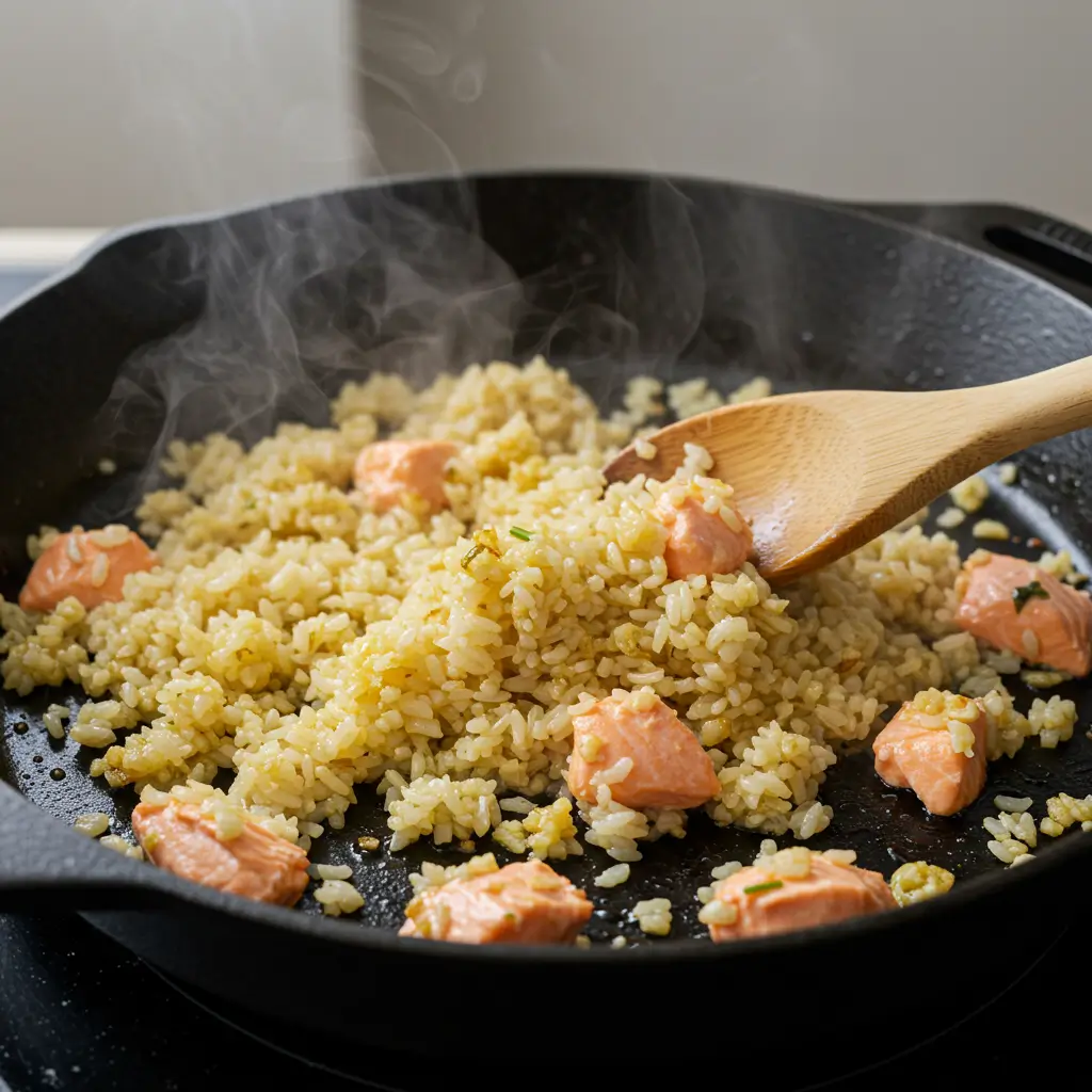 Pan Fried Salmon and Rice Recipe – Crispy, Quick & Delicious 10 Cooked rice and minced garlic being stirred in a skillet with salmon drippings for pan fried salmon and rice recipe