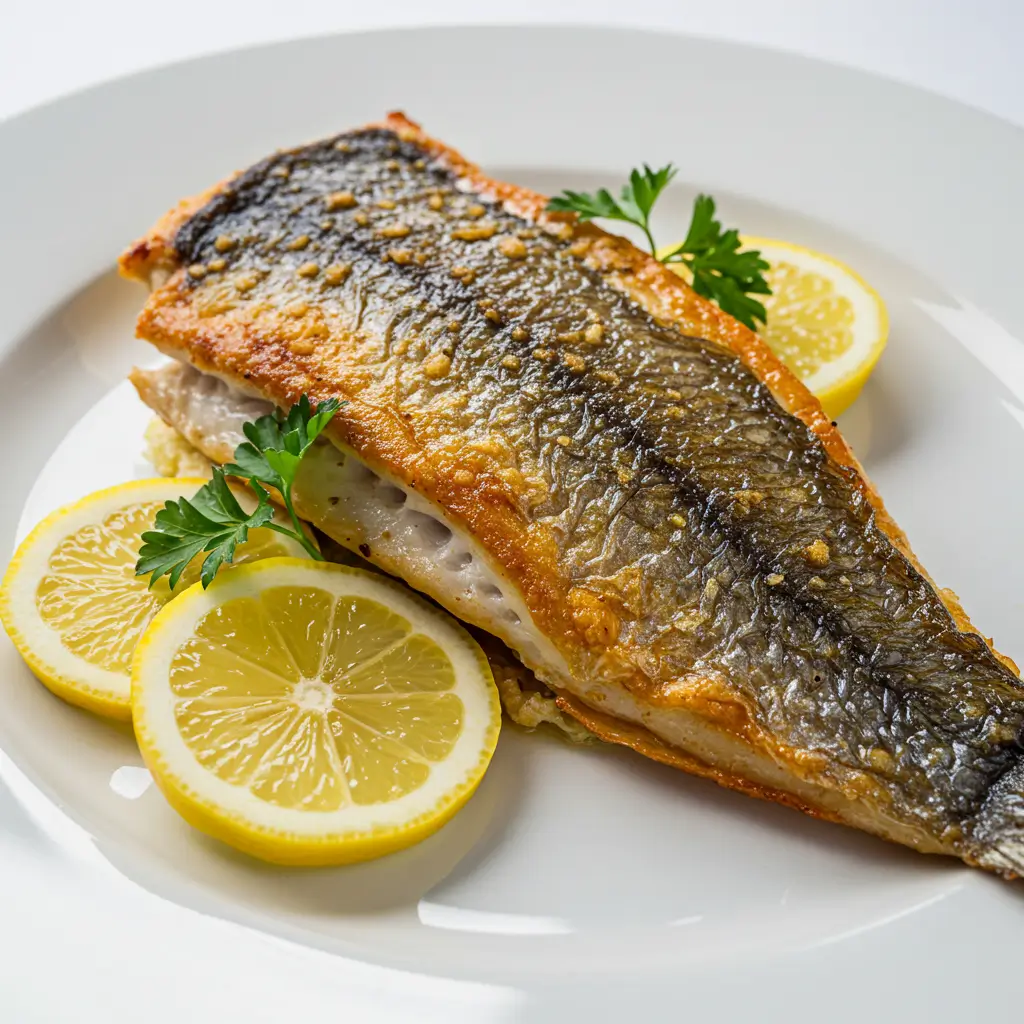 baked chilean sea bass plated with lemon and parsley