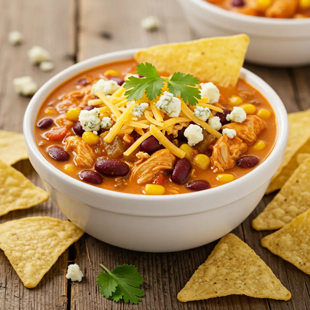Award-winning Buffalo Chicken Chili served in a bowl with cheese and cilantro toppings
