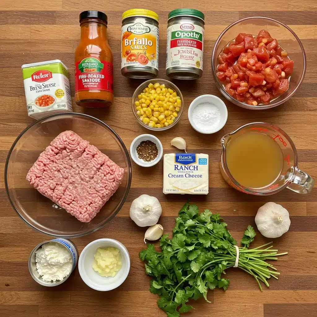 Buffalo Chicken Chili (Award-Winning Slow Cooker Recipe) 4 Ingredients for Buffalo Chicken Chili including ground chicken, beans, corn, and buffalo sauce