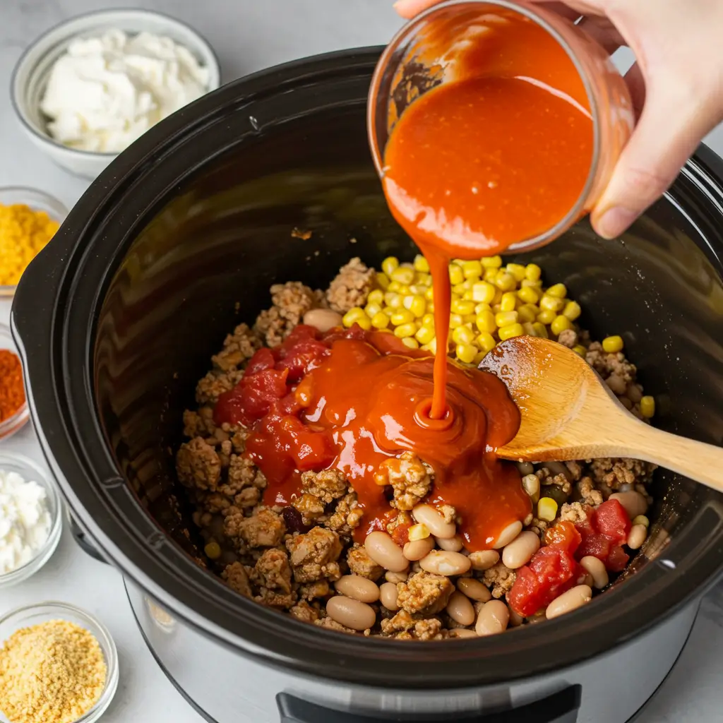 Buffalo Chicken Chili (Award-Winning Slow Cooker Recipe) 5 Preparing Buffalo Chicken Chili in a slow cooker with buffalo sauce being poured