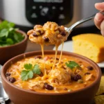 Serving creamy Buffalo Chicken Chili with a spoon and toppings