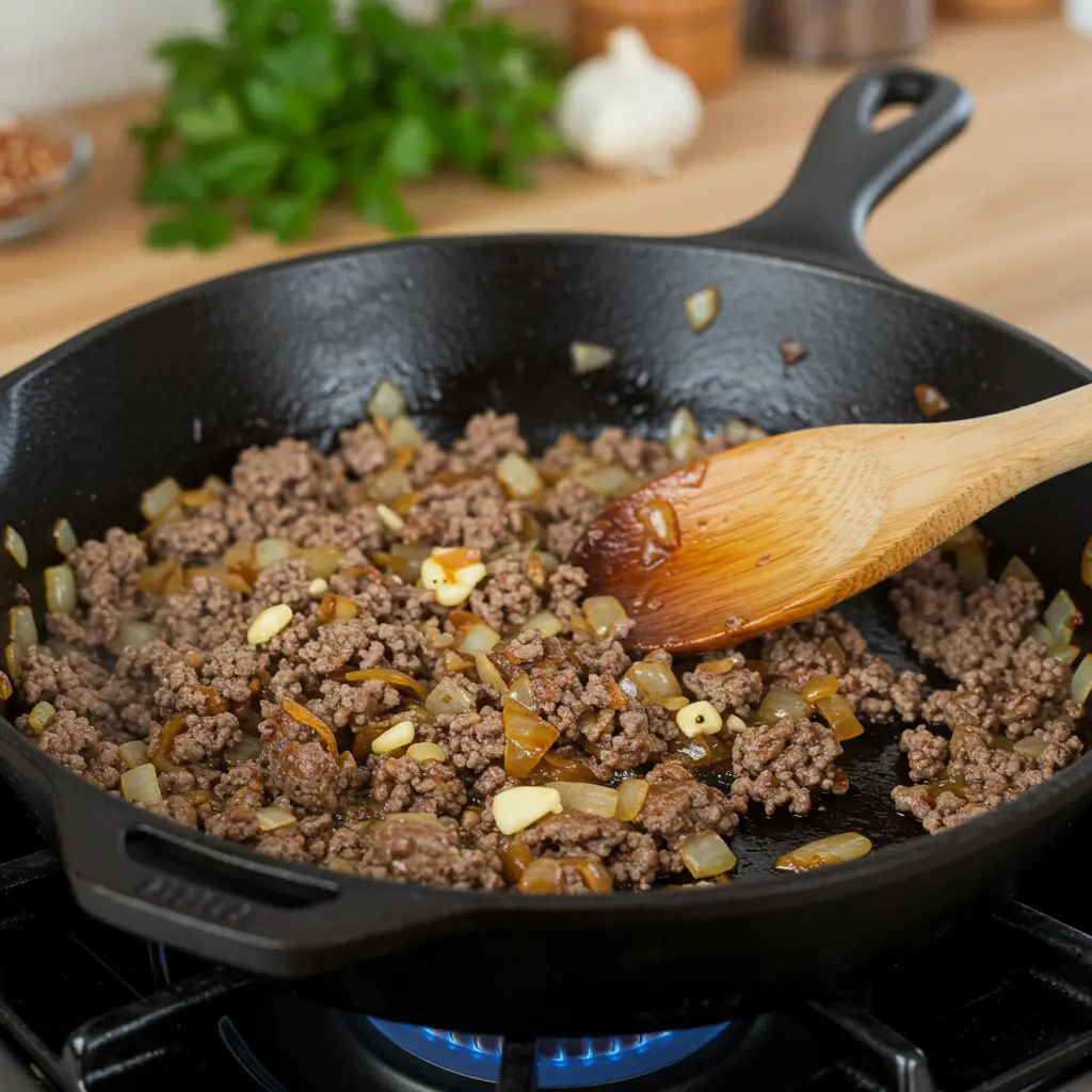 Unstuffed Zucchini Casserole Recipe – Easy, Healthy & Cheesy Dinner 10 Ground beef, onion, and garlic cooking in a skillet for zucchini casserole