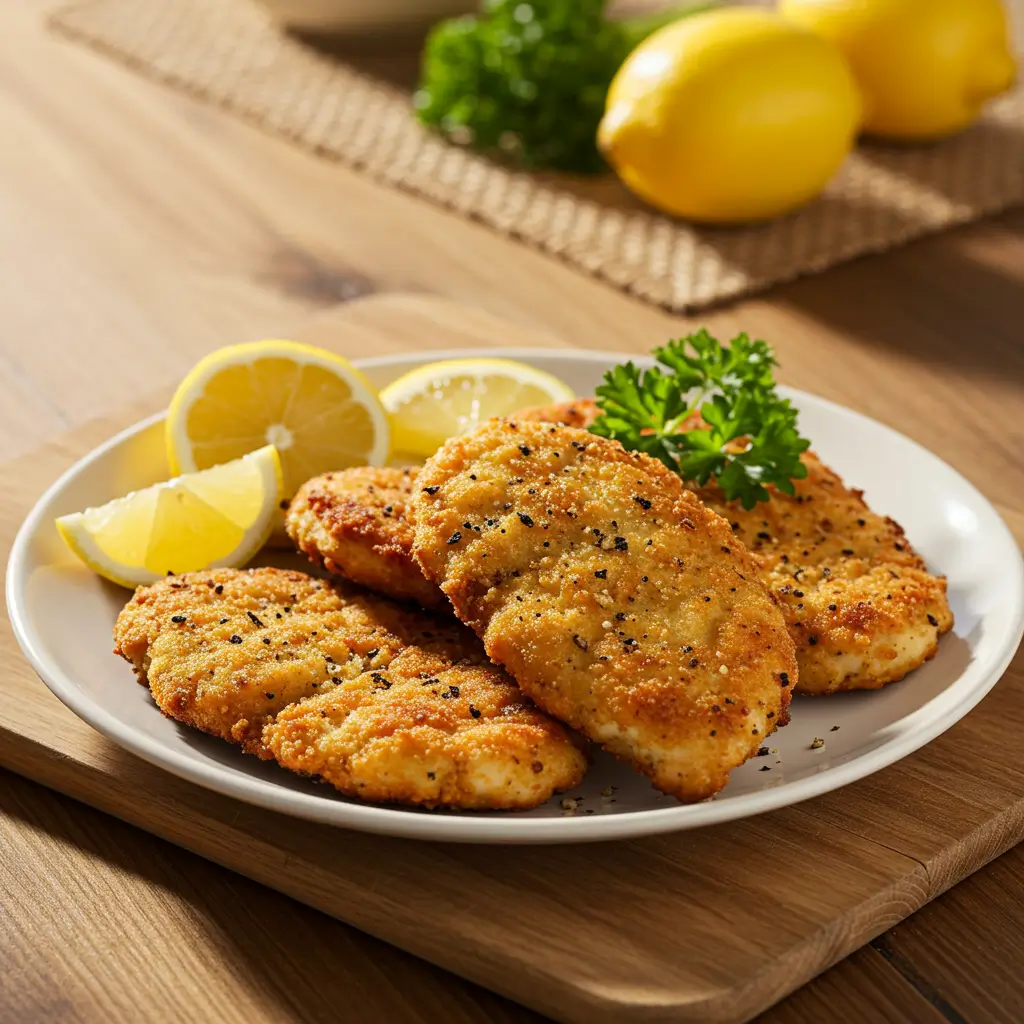 Crispy lemon pepper chicken cutlets with lemon wedges