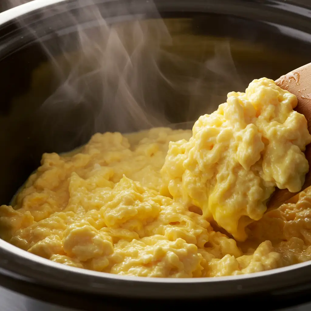 Crockpot scrambled eggs slow cooking in a crockpot