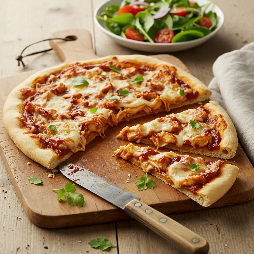 Dairy Free BBQ Chicken Pizza on wooden table