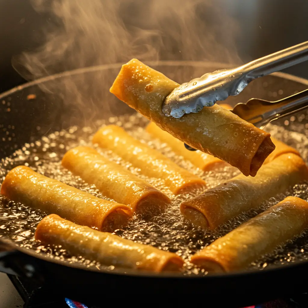 Pepperoni Pizza Egg Rolls: Crispy, Cheesy Favorite 8 Frying pepperoni pizza egg rolls in oil