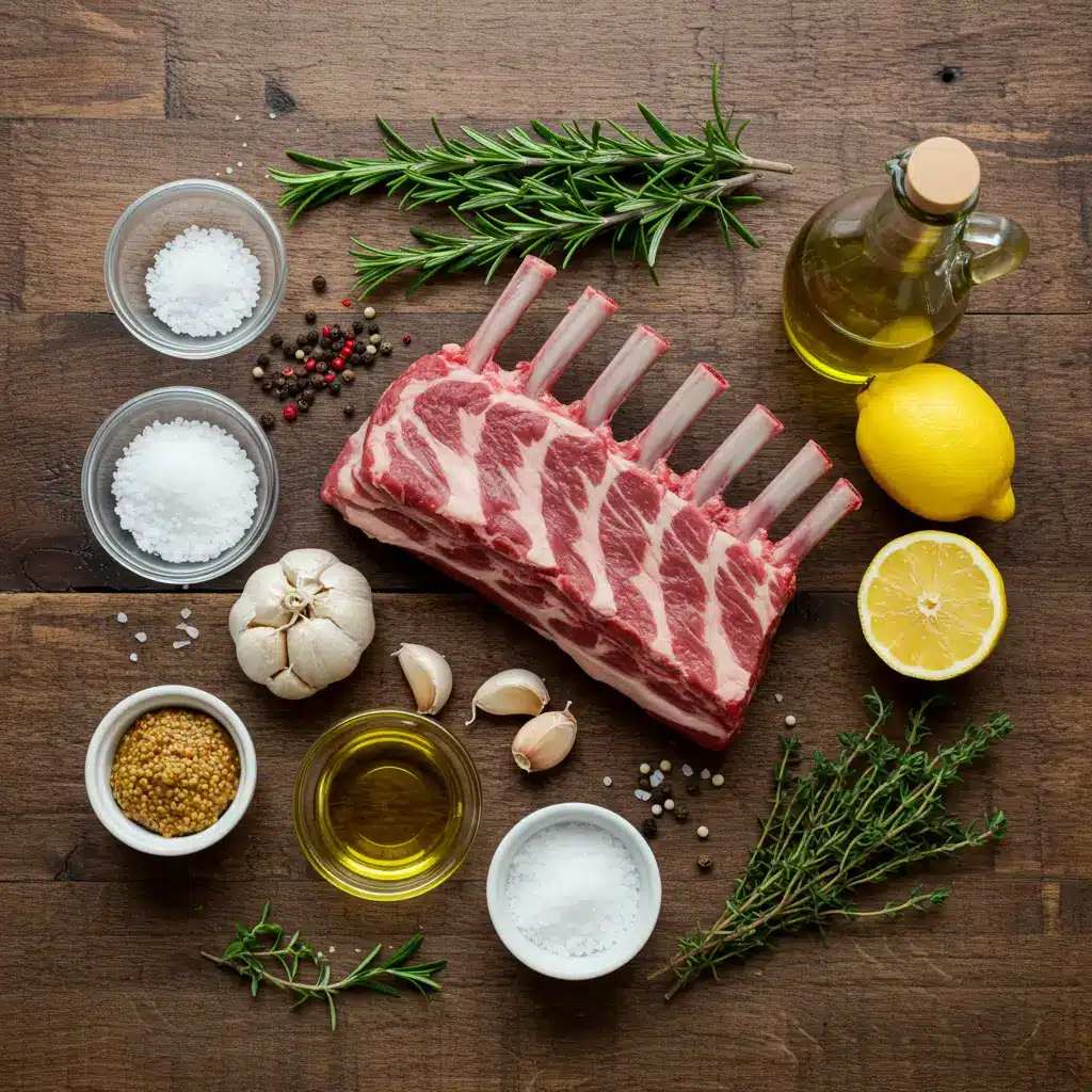 Grilled Rack of Lamb: The Ultimate Recipe & Step-by-Step Guide 4 lat lay of ingredients for grilled rack of lamb including rosemary, garlic, and olive oil
