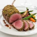 Minimalistic recipe card for grilled rack of lamb with ingredients and steps
