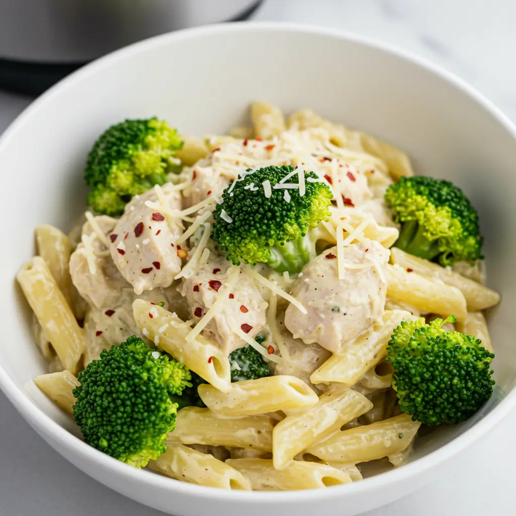 Instant Pot Chicken Alfredo 6 nstant Pot Chicken Alfredo with broccoli mixed into the creamy pasta