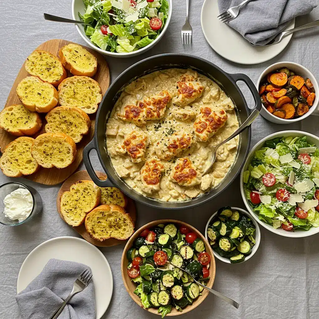 Instant Pot Chicken Alfredo 7 Family-style table spread with Instant Pot Chicken Alfredo and side dishes