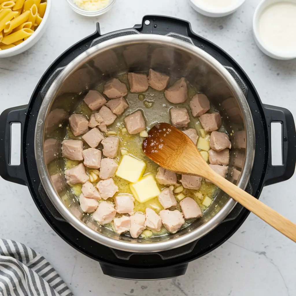 Instant Pot Chicken Alfredo 5 Cubed chicken, butter, and garlic sautéing inside an Instant Pot