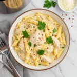 Instant Pot Chicken Alfredo 8 Close-up of a fork twirling Alfredo-coated fettuccine with chicken pieces