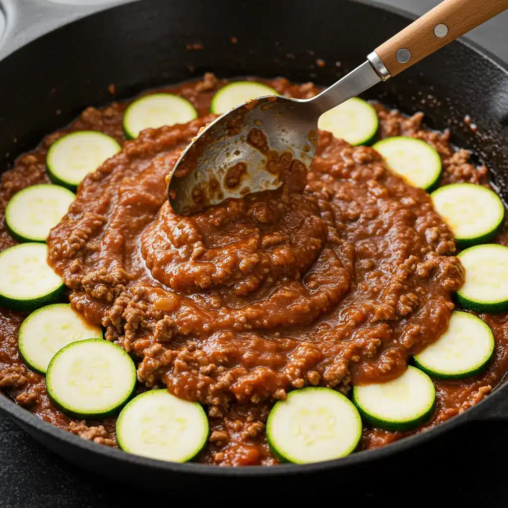 Unstuffed Zucchini Casserole Recipe – Easy, Healthy & Cheesy Dinner 12 Layering zucchini slices and sauce in skillet for unstuffed casserole