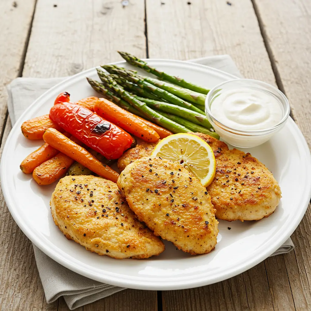 Extra Crispy Lemon Pepper Chicken Cutlets Recipe 7 Lemon pepper chicken cutlets served with vegetables