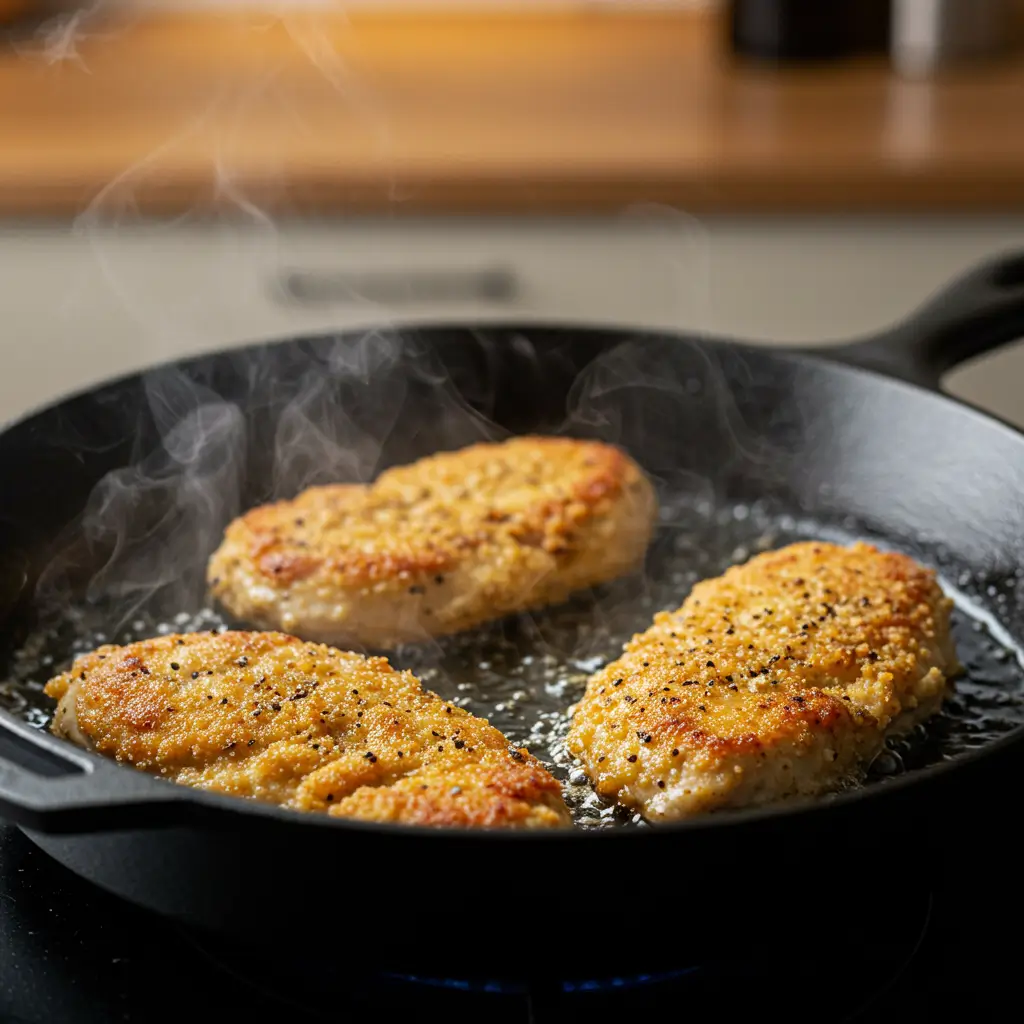 Extra Crispy Lemon Pepper Chicken Cutlets Recipe 6 Pan frying lemon pepper chicken cutlets in skillet