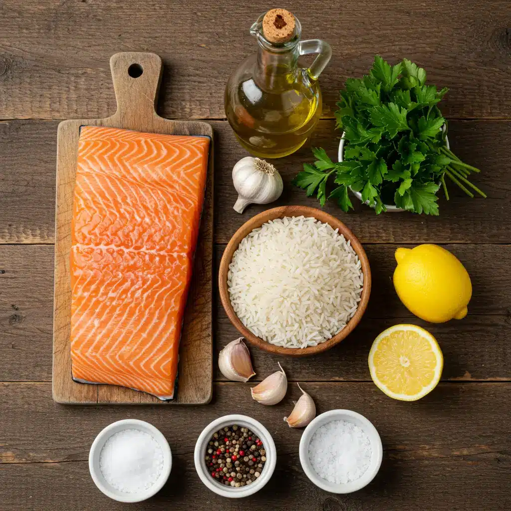 Pan Fried Salmon and Rice Recipe – Crispy, Quick & Delicious 7 Ingredients for pan fried salmon and rice recipe including salmon fillets, rice, garlic, lemon, olive oil, parsley, salt, and pepper