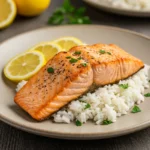 Pan fried salmon and rice recipe with crispy salmon fillet served over fluffy rice and garnished with lemon and parsley