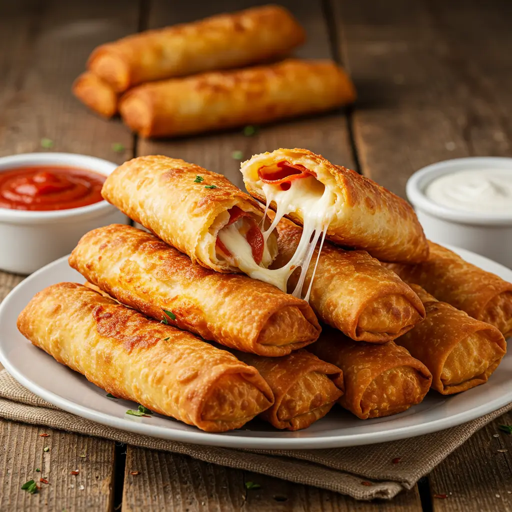 Pepperoni Pizza Egg Rolls on a serving plate