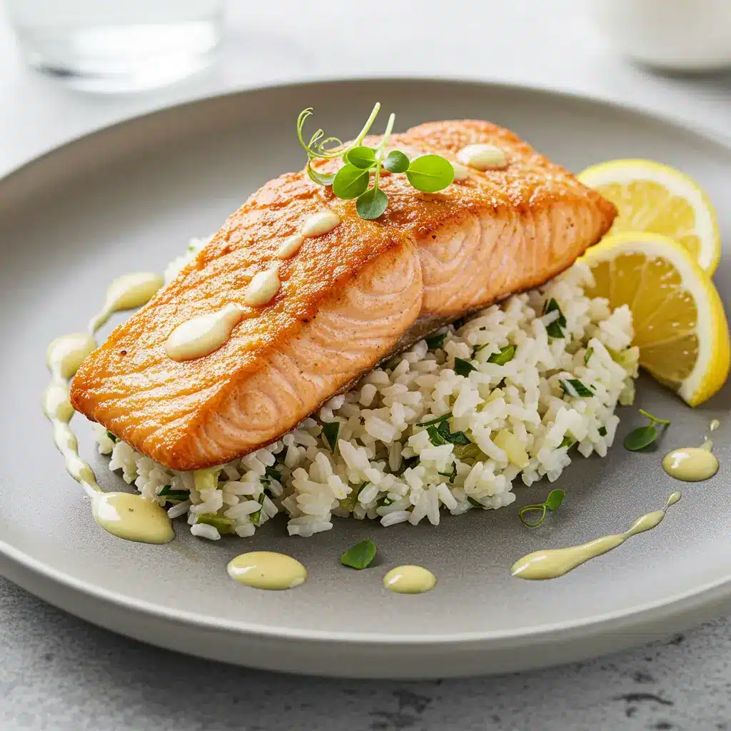 Pan Fried Salmon and Rice Recipe – Crispy, Quick & Delicious 11 Cooked salmon fillets being placed over rice on a plate, garnished with lemon and parsley for pan fried salmon and rice recipe