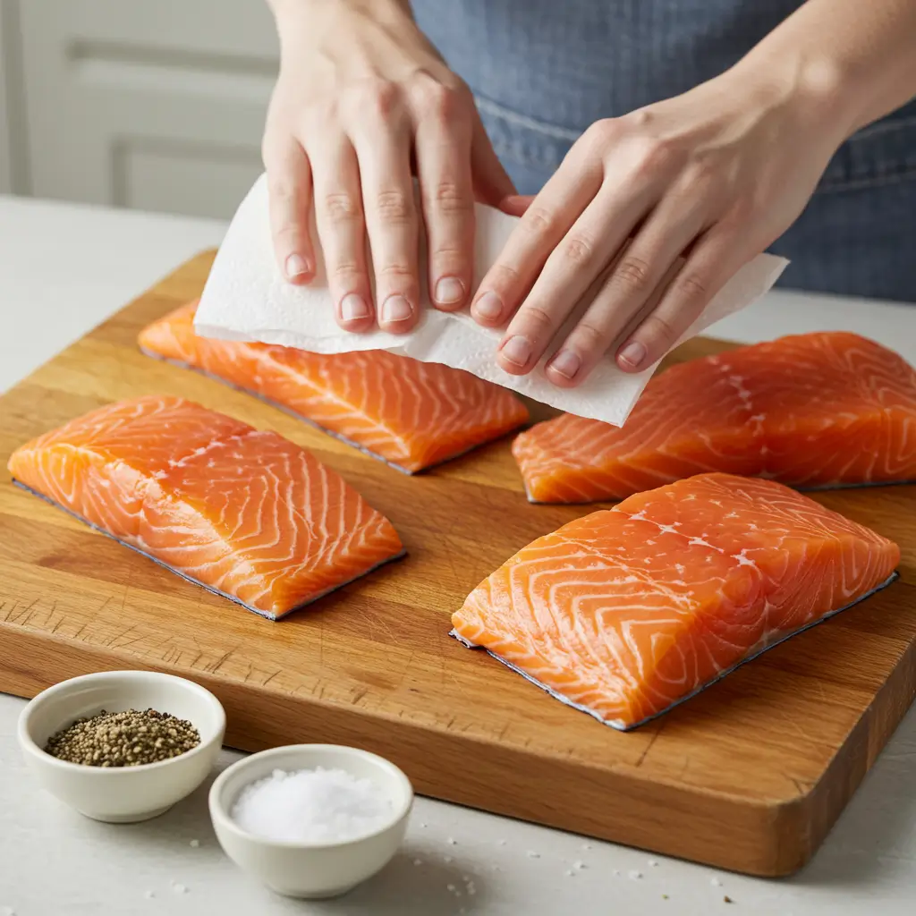 Pan Fried Salmon and Rice Recipe – Crispy, Quick & Delicious 8 Raw salmon fillets being patted dry with paper towels and seasoned with salt and pepper for pan fried salmon and rice recipe.
