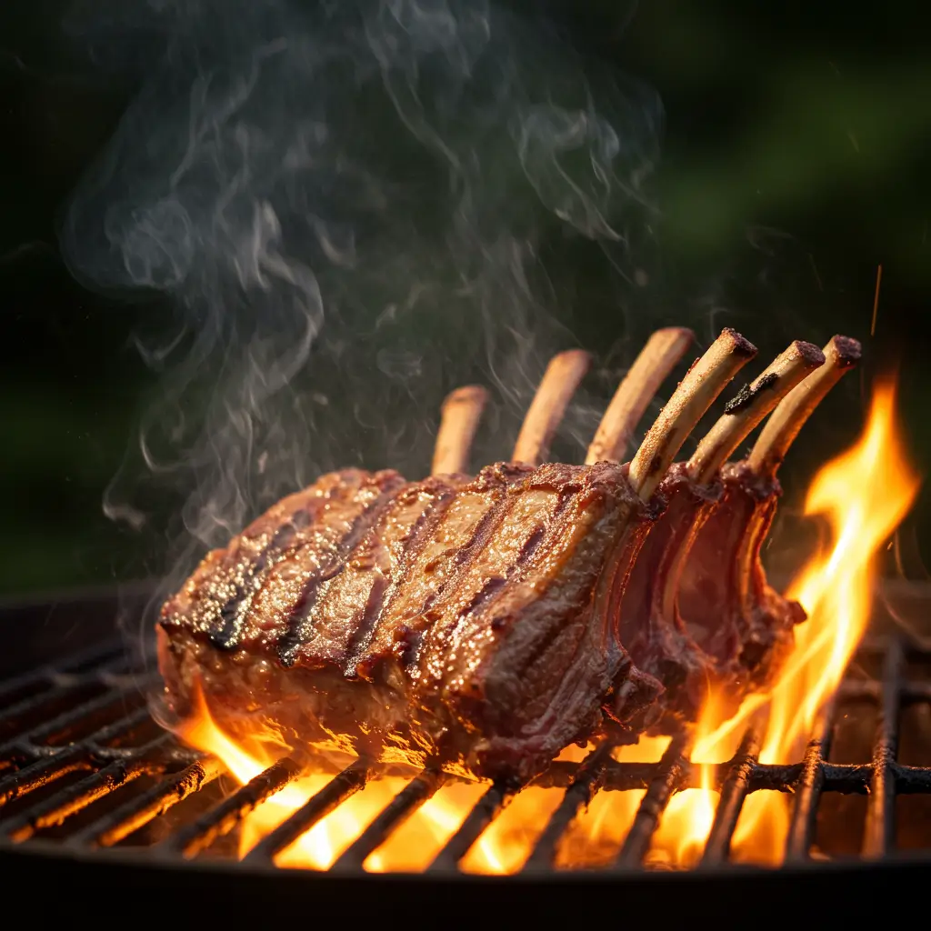 Grilled Rack of Lamb: The Ultimate Recipe & Step-by-Step Guide 5 Rack of lamb grilling on a gas grill with visible flames and smoke