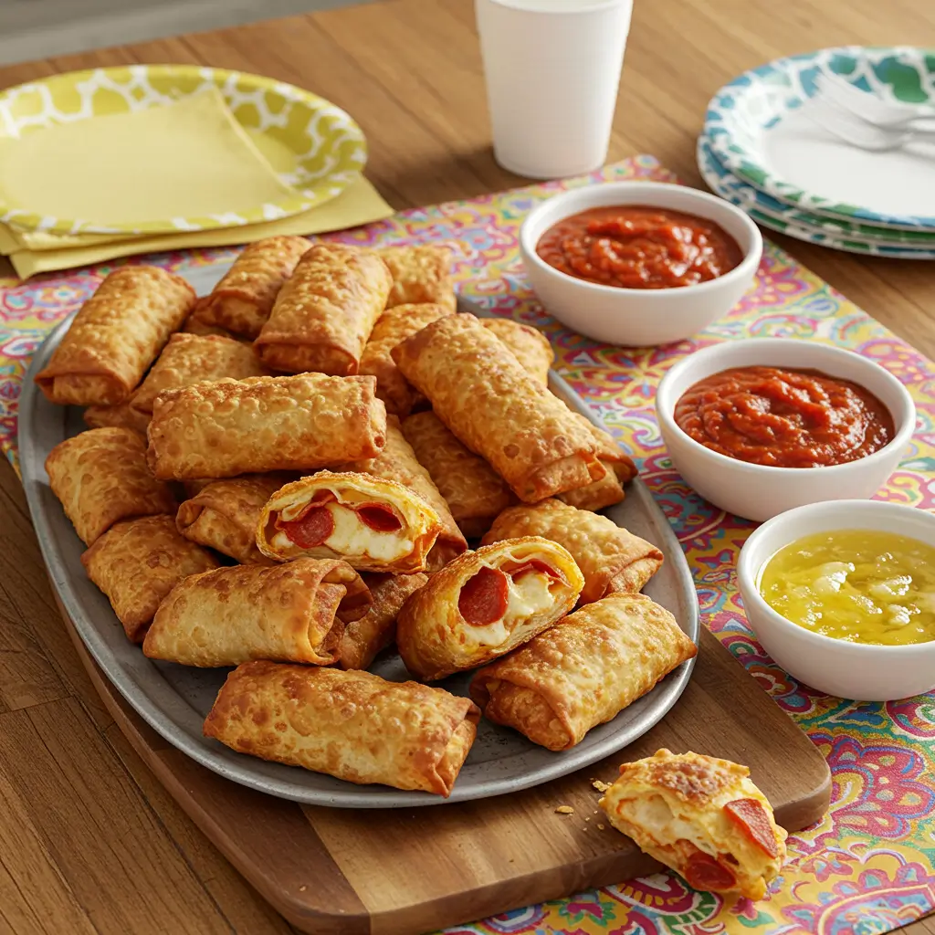 Pepperoni Pizza Egg Rolls: Crispy, Cheesy Favorite 9 Pepperoni pizza egg rolls with dipping sauces