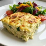 Portion of unstuffed zucchini casserole recipe served with salad