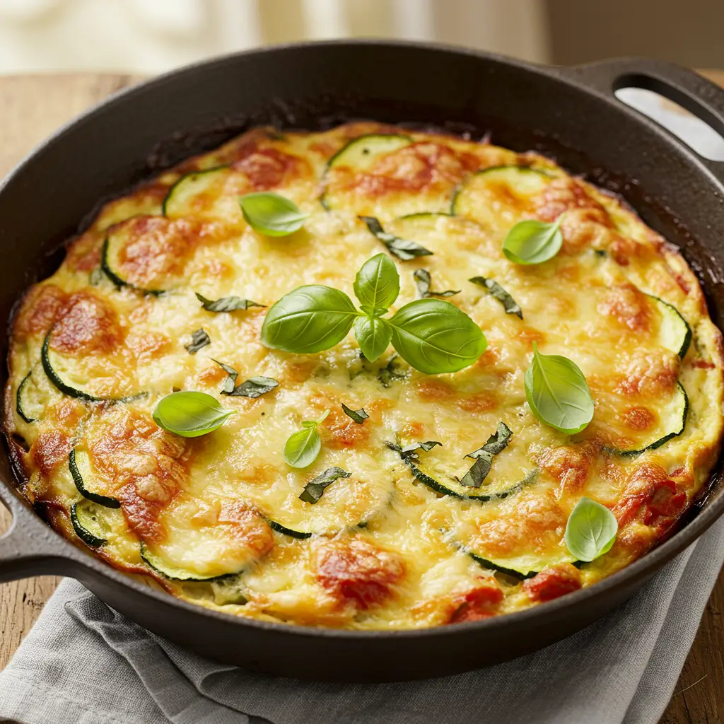 Unstuffed zucchini casserole baked with golden melted cheese and fresh basil