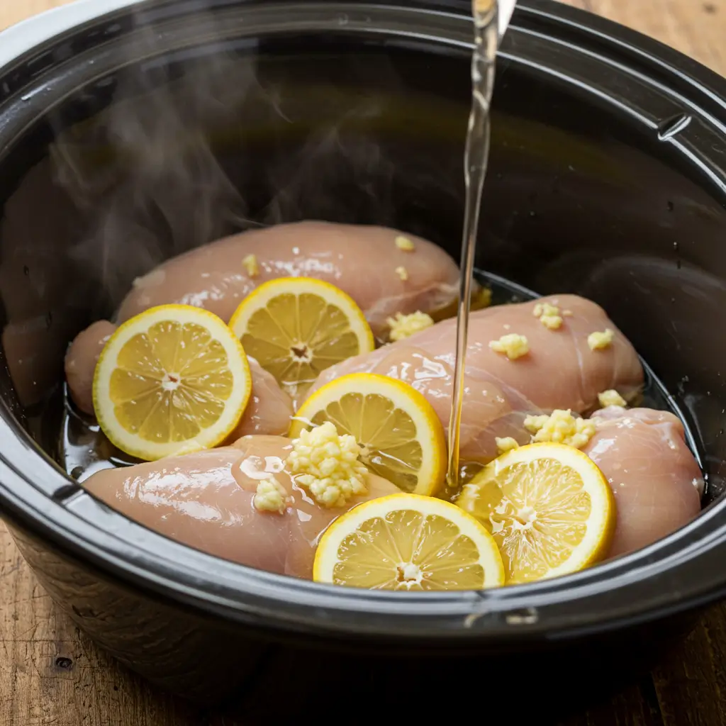 Crockpot Lemon Chicken Recipe: Bright, Juicy, and Easy 6 Crockpot Lemon Chicken cooking step with broth and lemons