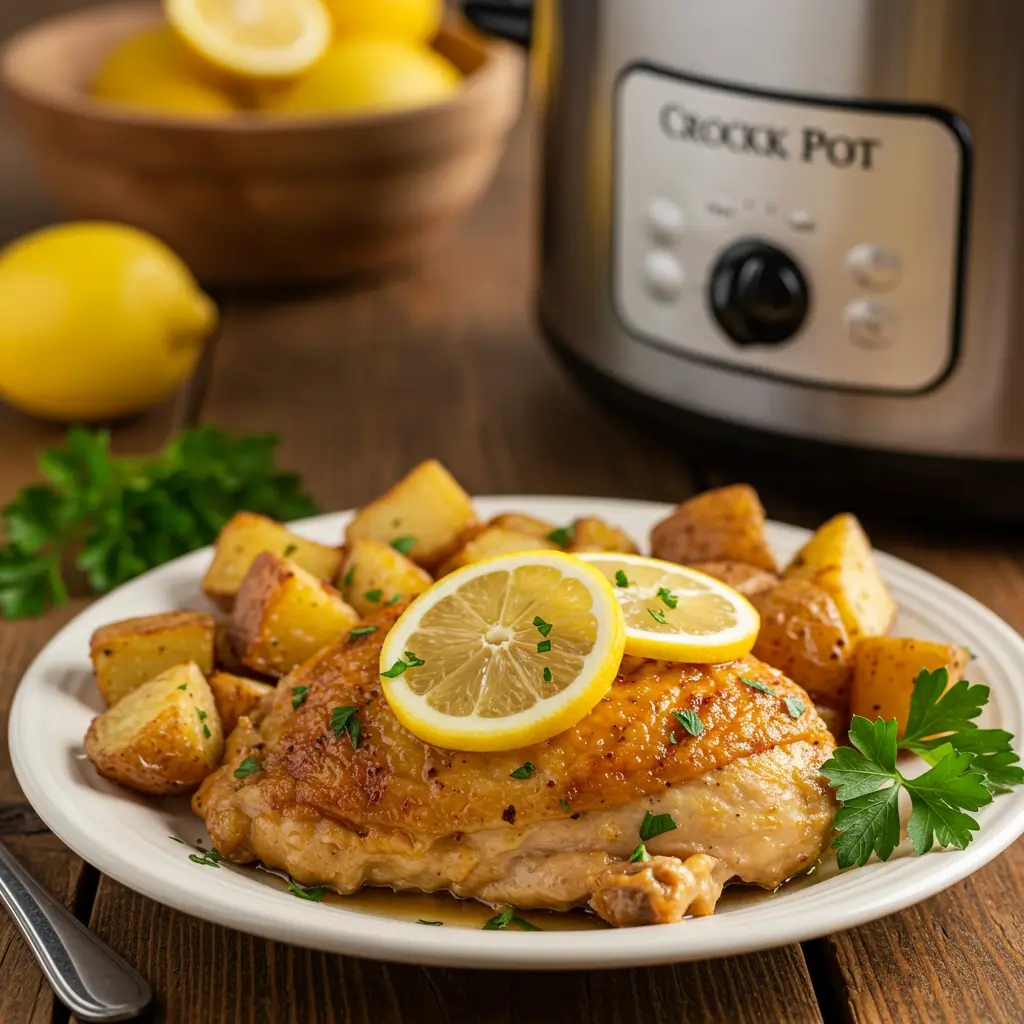 Crockpot Lemon Chicken Recipe: Bright, Juicy, and Easy 7 Crockpot Lemon Chicken served with potatoes and herbs