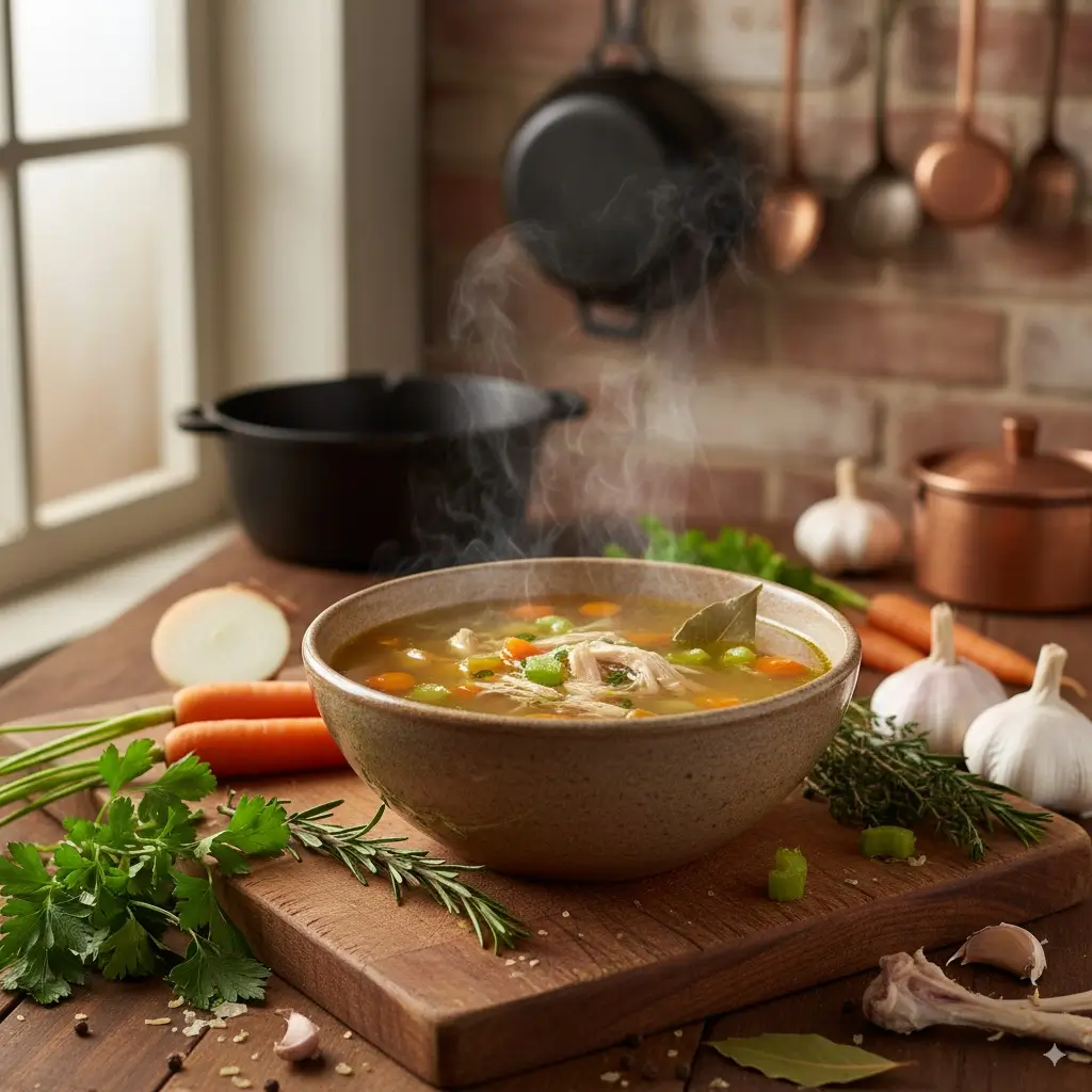 Instant Pot chicken stock in a rustic bowl