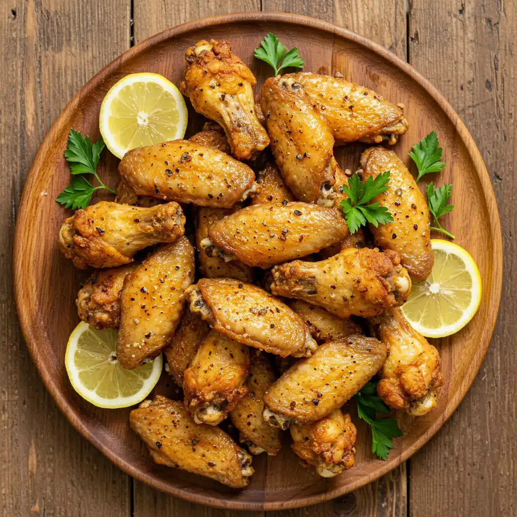 Crispy lemon pepper wings served with lemon slices
