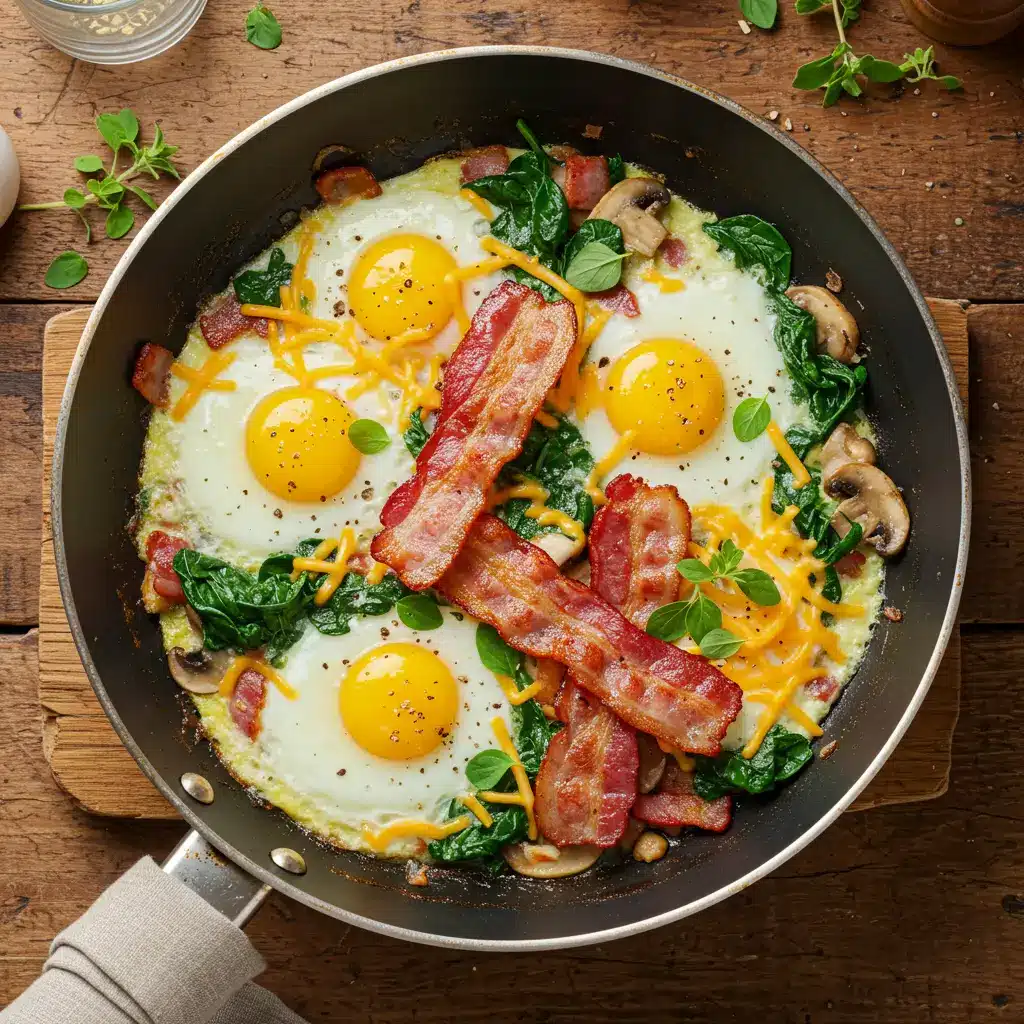 Loaded scrambled eggs in skillet with cheese and bacon