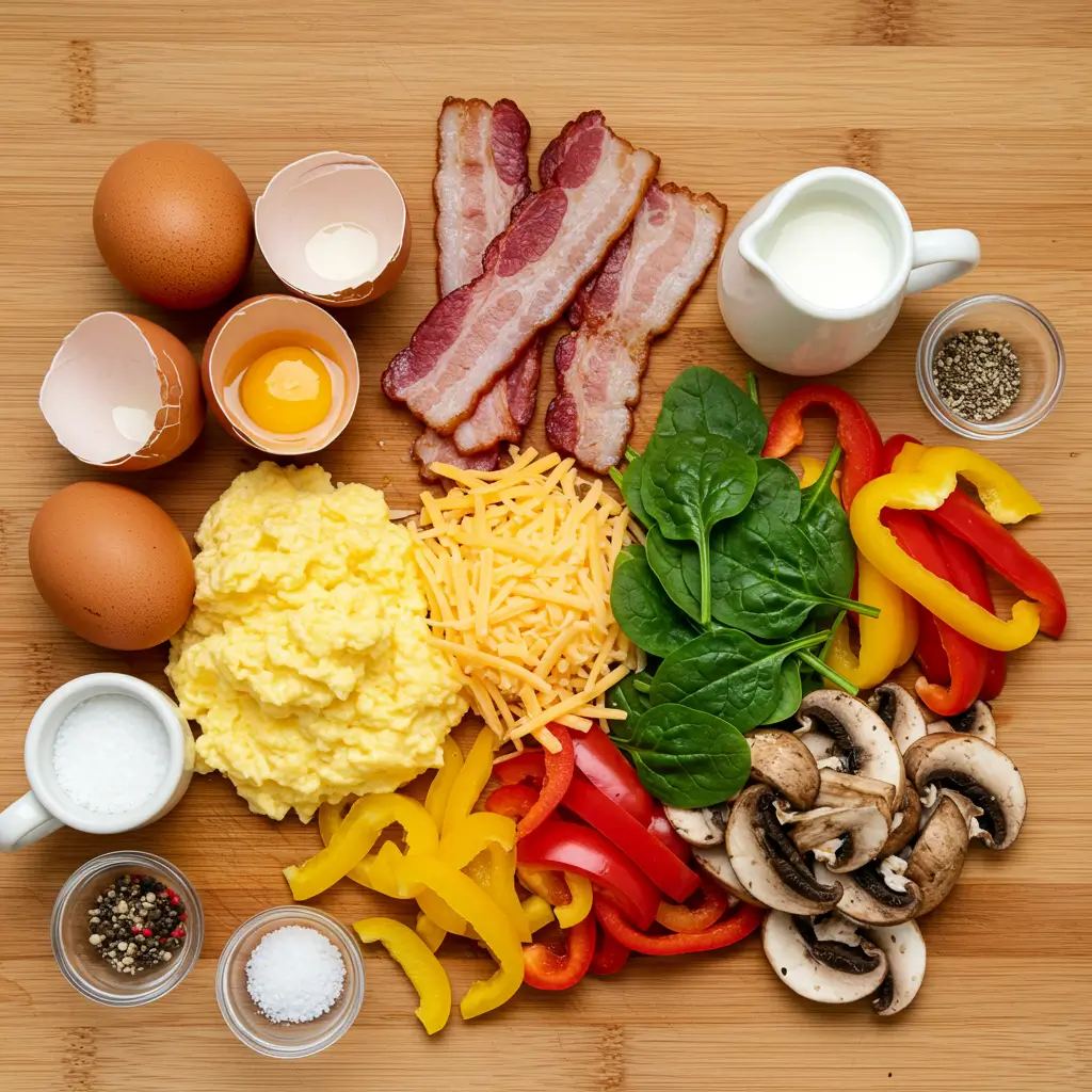 Loaded Scrambled Eggs That Wake Up Your Mornings Fast 6 Loaded scrambled eggs ingredients laid out