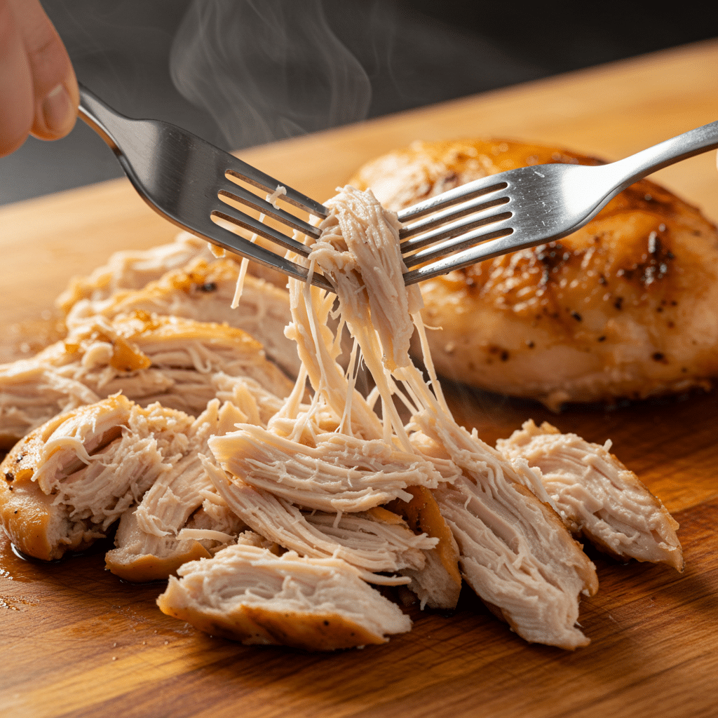 Neiman Marcus Chicken Casserole (AKA Nixon Chicken) – Creamy, Crunchy & Ready in 30 Minutes 8 Shredding cooked chicken breasts with two forks for Neiman Marcus Chicken Casserole