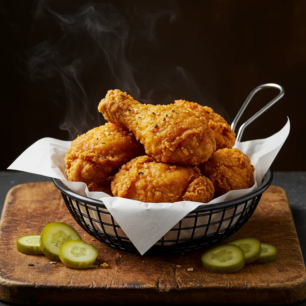 Pickle brined fried chicken in a basket with pickles