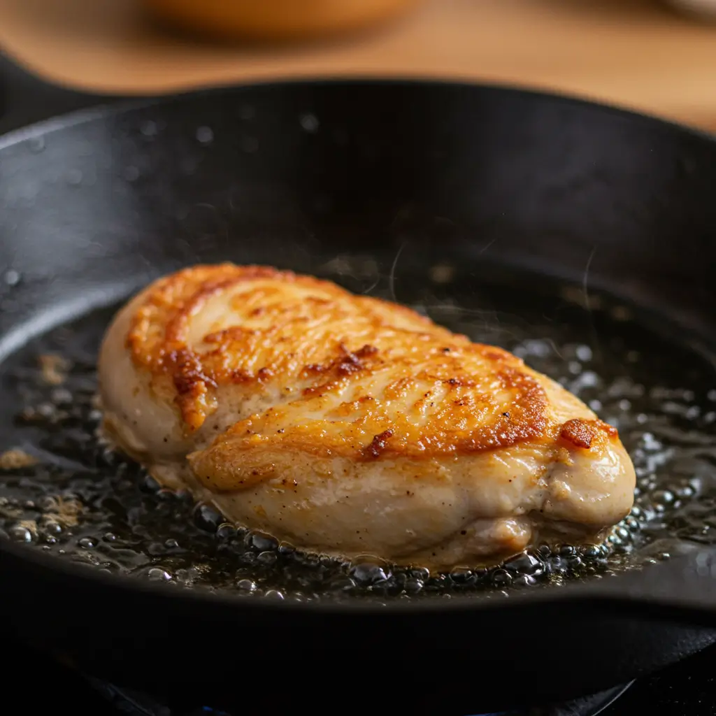 Pickle Brined Fried Chicken: Crispy, Tangy, and Totally Addictive 6 Chicken frying in skillet for pickle brined fried chicken