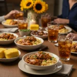 Creole chicken served with cornbread family dinner