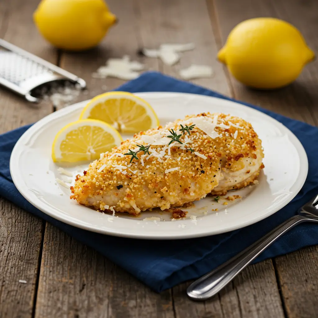 Baked Parmesan Crusted Chicken on plate with golden crust