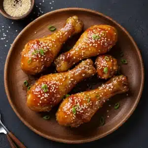 honey soy chicken drumsticks glazed and served on a rustic plate
