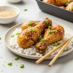 honey soy chicken drumsticks served with rice