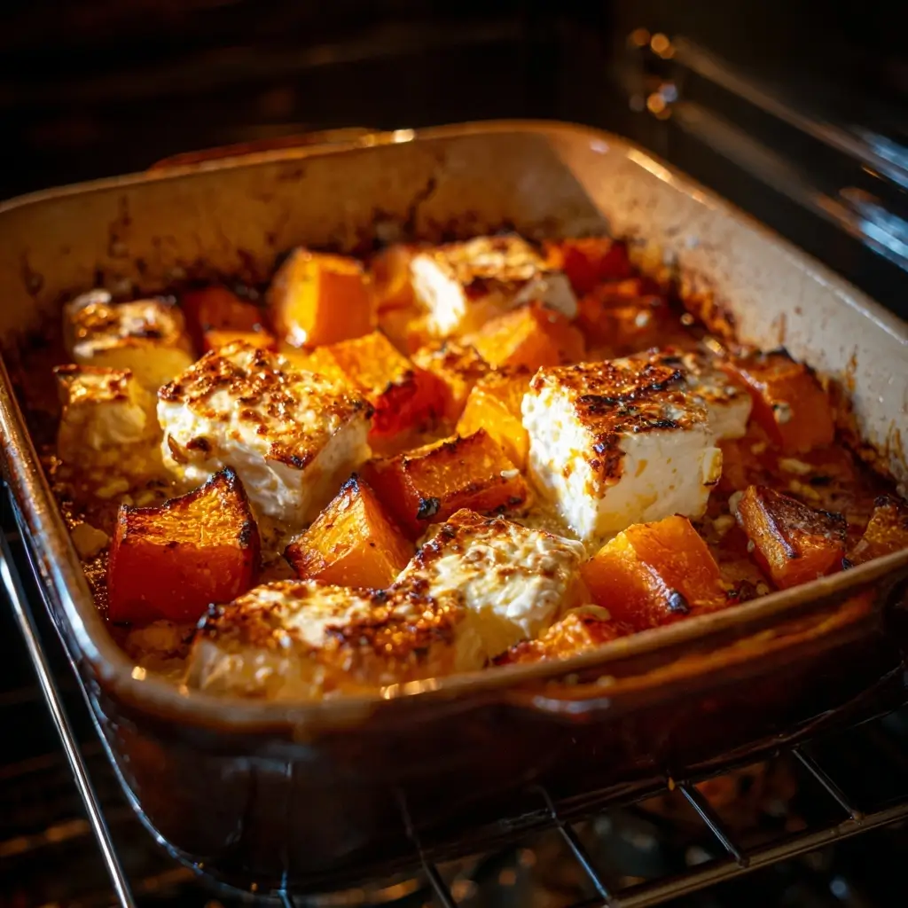 Pumpkin Baked Feta Pasta with Chicken – Cozy, Creamy, and Easy Dinner 6 baked feta pumpkin step