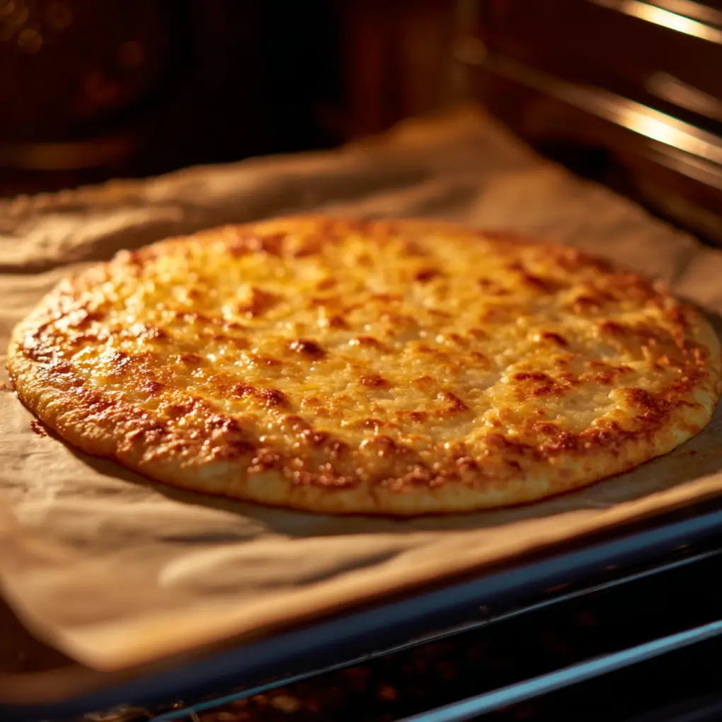 Cottage cheese pizza crust baking until golden and crisp