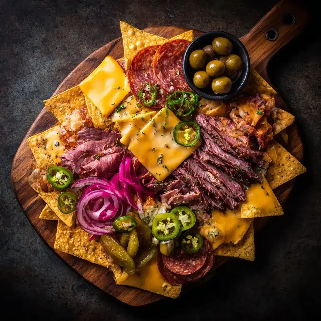 Charcuterie nachos with beef, cheese, and gourmet toppings