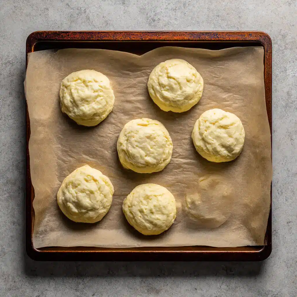Cloud bread batter rounds on parchment before baking