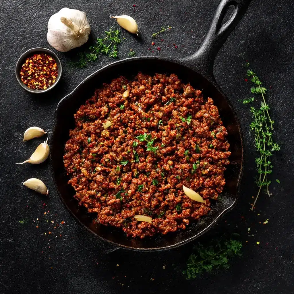 Ground beef for nachos in skillet