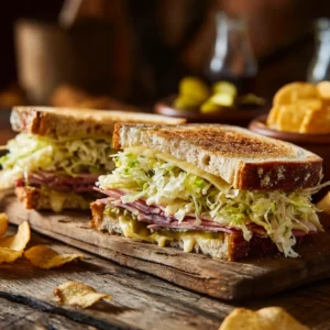 Grinder Salad Sandwich sliced open with layered meats and creamy salad